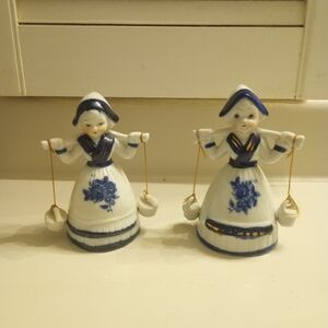Vintage Deft Blue and White Holland Set of two dutch milkmaid porcelain bells